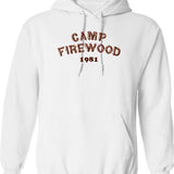 Camp Firewood Hoodie - Retro Graphic Pullover Hoodie for Men & Women - White