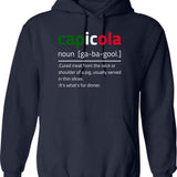 Capicola Gabagool Flag Description Hoodie - Retro Graphic Pullover Hoodie for Men & Women - Navy