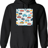 Cars And Clouds Pattern Hoodie - Retro Graphic Pullover Hoodie for Men & Women - Black