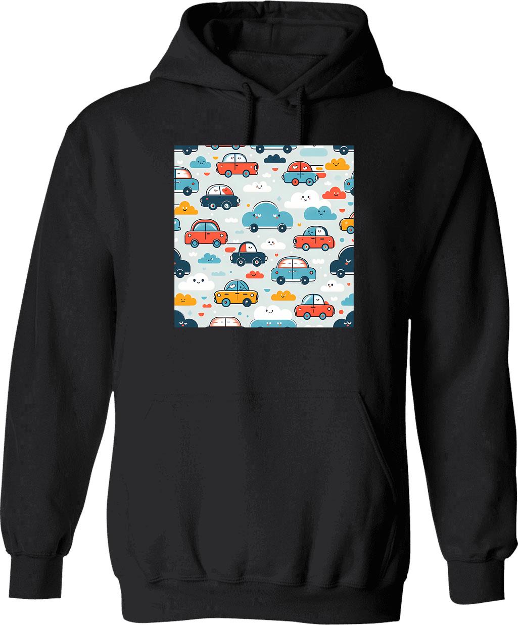 Cars And Clouds Pattern Hoodie - Retro Graphic Pullover Hoodie for Men & Women - Black
