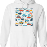 Cars And Clouds Pattern Hoodie - Retro Graphic Pullover Hoodie for Men & Women - White