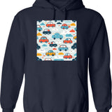 Cars And Clouds Pattern Hoodie - Retro Graphic Pullover Hoodie for Men & Women - Navy