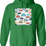 Cars And Clouds Pattern Hoodie - Retro Graphic Pullover Hoodie for Men & Women - Green