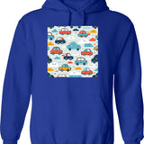Cars And Clouds Pattern Hoodie - Retro Graphic Pullover Hoodie for Men & Women - Blue
