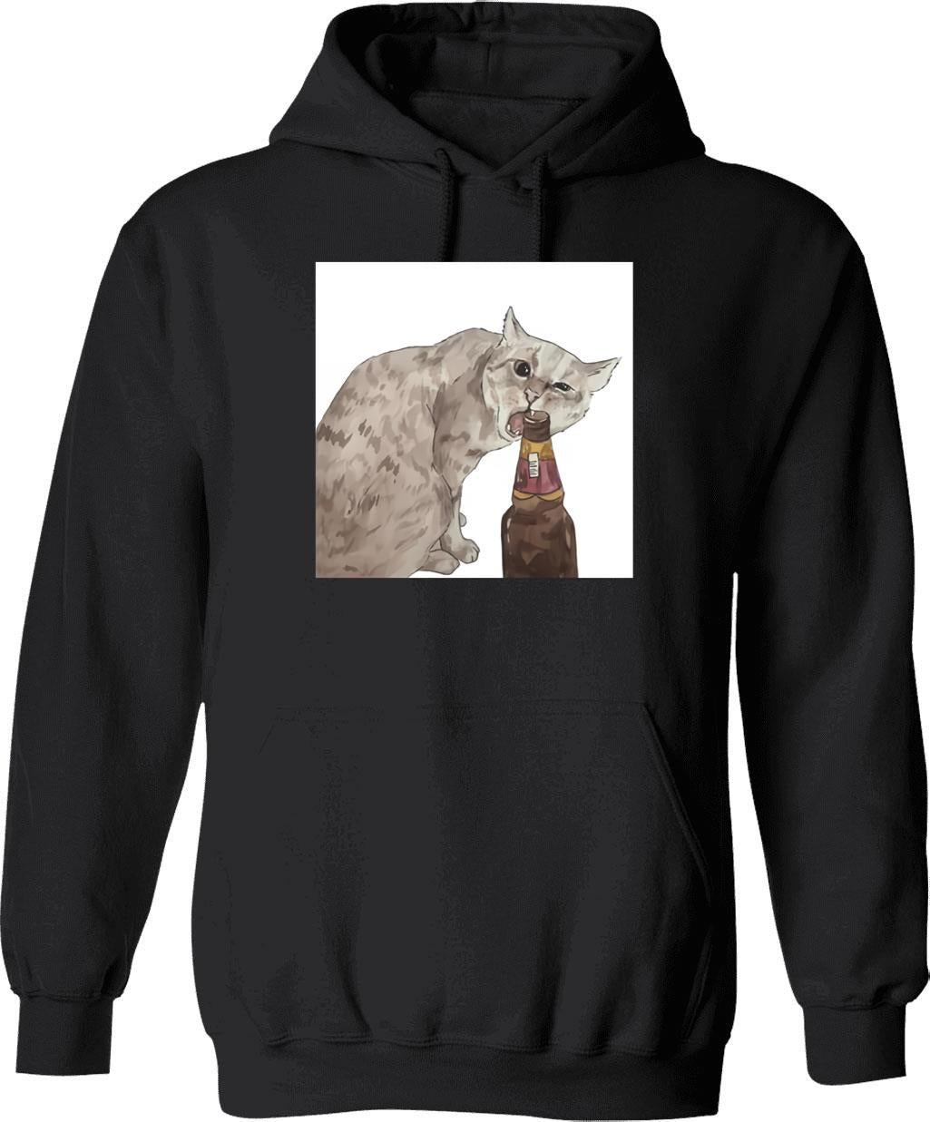 Cat Opening Beer Bottle Meme Graphic Pullover Hoodie - Black