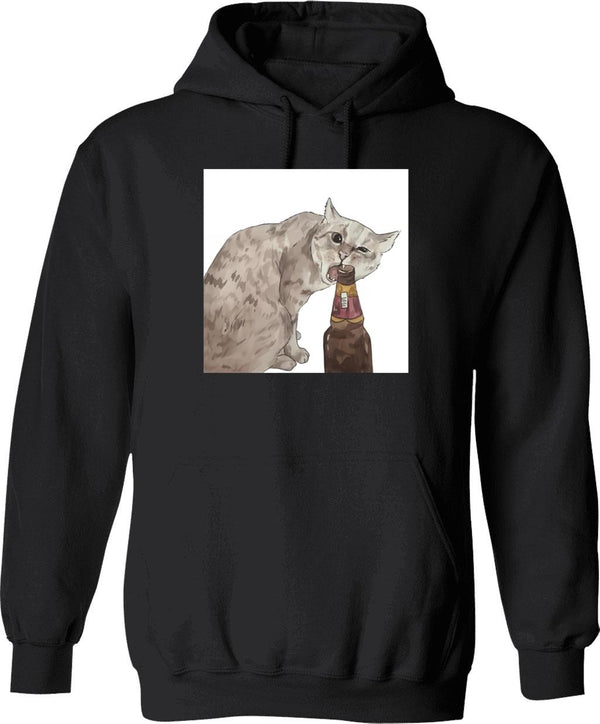 Cat Opening Beer Bottle Meme Graphic Pullover Hoodie - Black