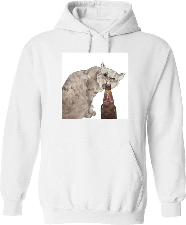 Cat Opening Beer Bottle Meme Graphic Pullover Hoodie - White