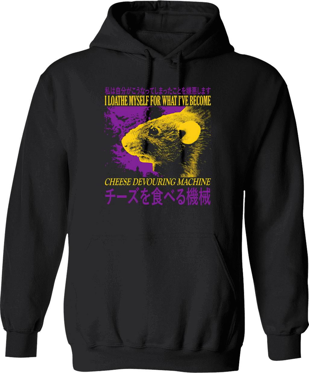 Cheese Devouring Machine Rat Hoodie - Retro Graphic Pullover Hoodie for Men & Women - Black