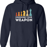 Choose Your Weapon Chess Hoodie - Retro Graphic Pullover Hoodie for Men & Women - Navy