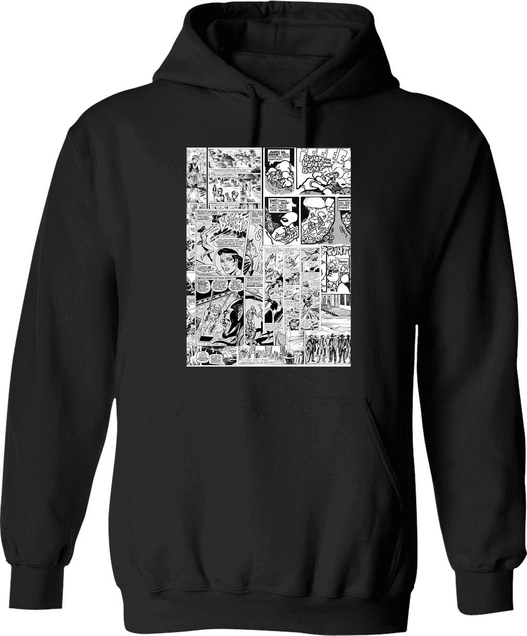 Comic Book Print White Hoodie - Retro Graphic Pullover Hoodie for Men & Women - Black