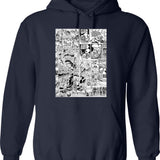 Comic Book Print White Hoodie - Retro Graphic Pullover Hoodie for Men & Women - Navy
