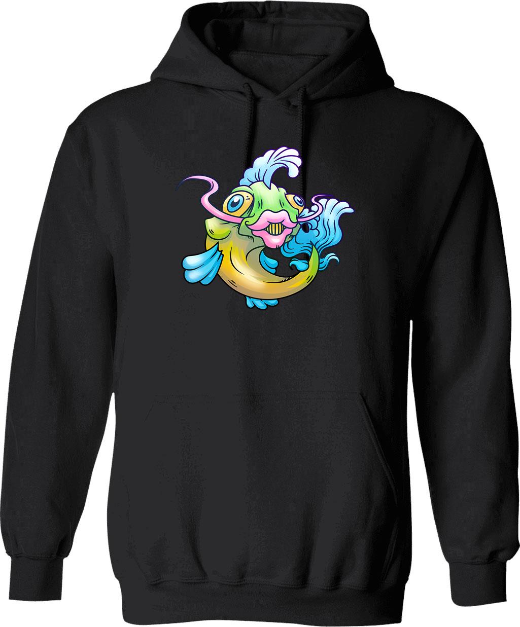 Crazy Fish Hoodie - Retro Graphic Pullover Hoodie for Men & Women - Black
