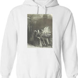 Creepy Etching Illustration - A Man Reels From An Evil Shadow Hoodie - White