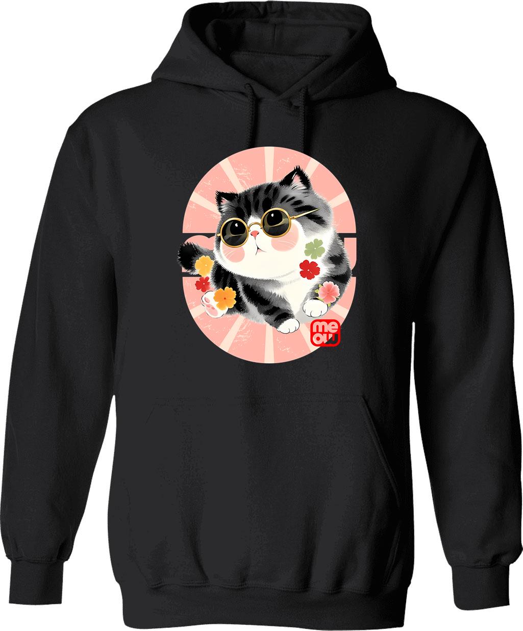 Cute Kitten Wear Sunglasses Hoodie - Retro Graphic Pullover Hoodie for Men & Women - Black