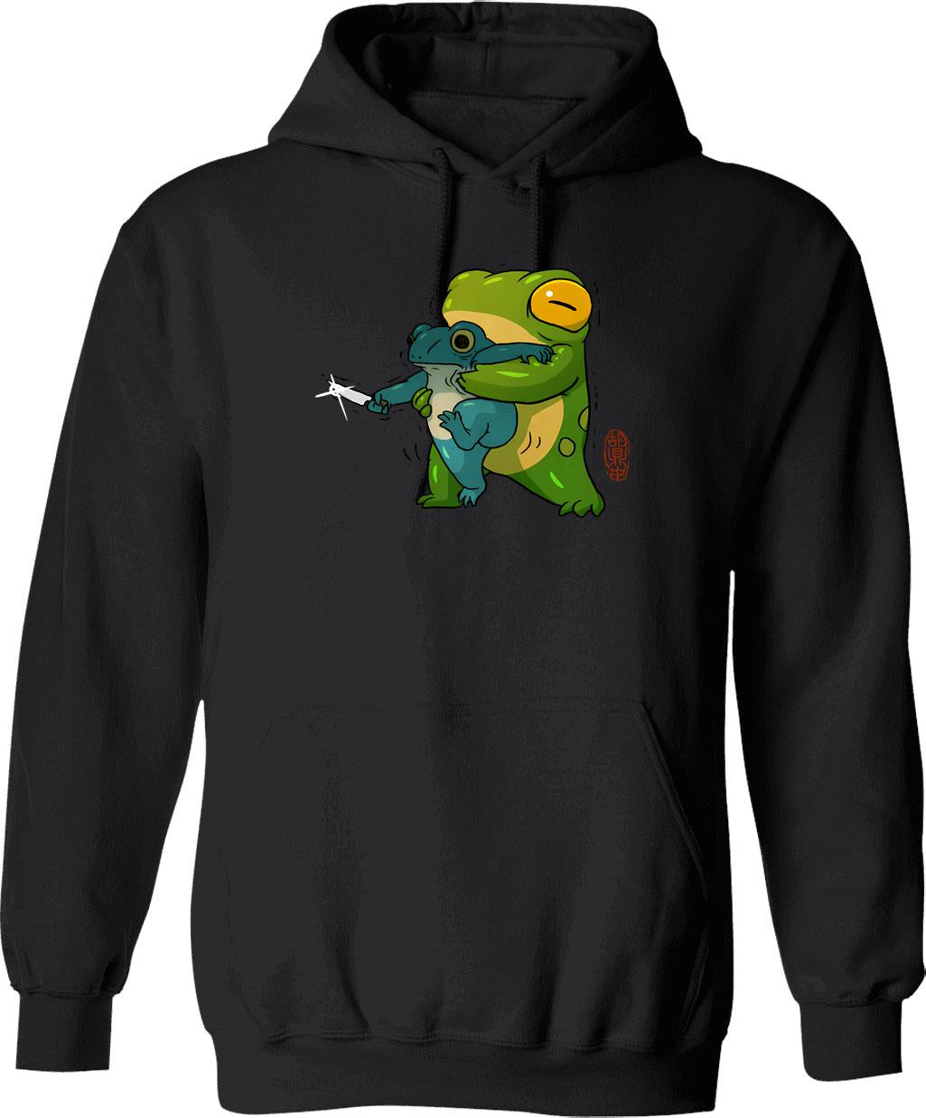 Cute Stabby Frog Being Held Back Let It Go Bro Artwork Asian Style Graphic Pullover Hoodie - Black