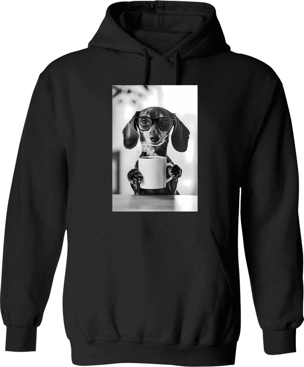 Dachshund Dog Drinking Coffee Wearing Glasses Hoodie - Black