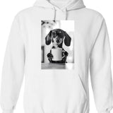 Dachshund Dog Drinking Coffee Wearing Glasses Hoodie - White