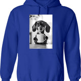 Dachshund Dog Drinking Coffee Wearing Glasses Hoodie - Blue
