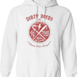 Dirty Deeds Hoodie - Retro Graphic Pullover Hoodie for Men & Women - White