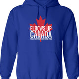 Elbows Up Canada Hockey Hoodie - Retro Graphic Pullover Hoodie for Men & Women - Blue