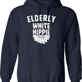 Elderly White Hippie (1) Hoodie - Retro Graphic Pullover Hoodie for Men & Women - Navy