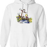 Funny Calvin and Hobbes Graphic Pullover Hoodie - White