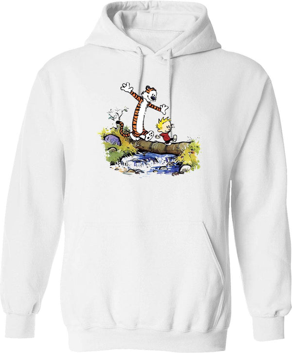 Funny Calvin and Hobbes Graphic Pullover Hoodie - White