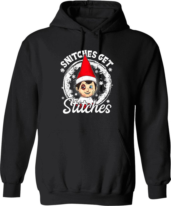 Funny Christmas Snitches Get Stitches Graphic Pullover Hoodie - Black