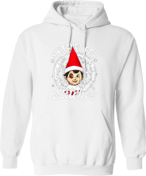 Funny Christmas Snitches Get Stitches Graphic Pullover Hoodie - White