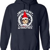 Funny Christmas Snitches Get Stitches Graphic Pullover Hoodie - Navy