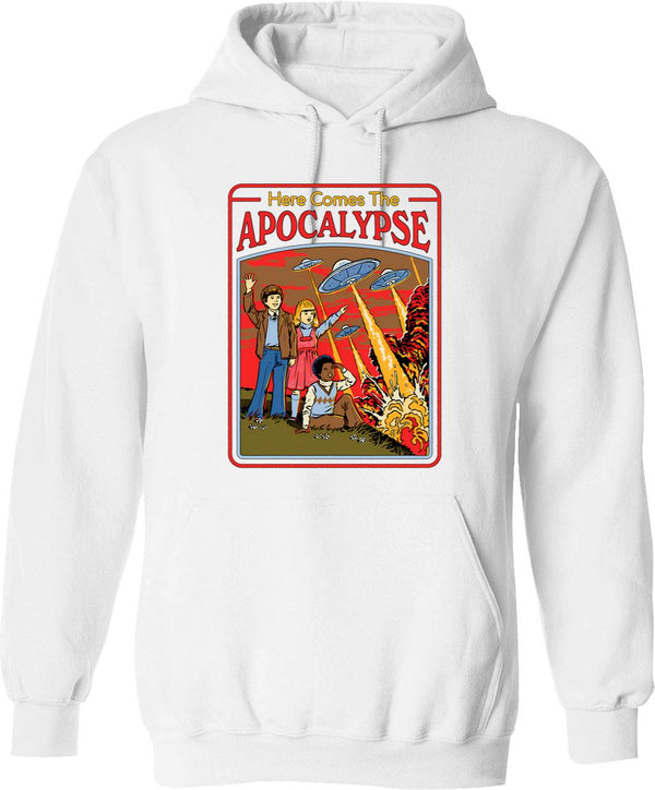 Here Comes The Apocalypse Hoodie - Retro Graphic Pullover Hoodie for Men & Women - White
