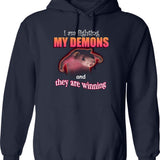 I39M Fighting My Demons and They are Winning Word Art Meme Graphic Pullover Hoodie - Navy