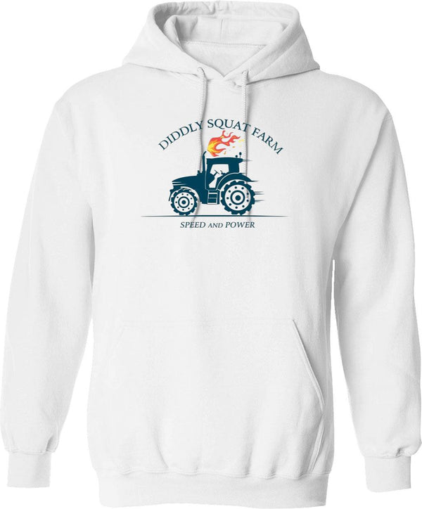 Kekevo Tractor Diddly Squat Farm Speed and Power Graphic Pullover Hoodie - White