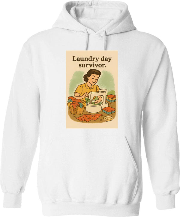 Laundry Day Hoodie - Retro Graphic Pullover Hoodie for Men & Women - White