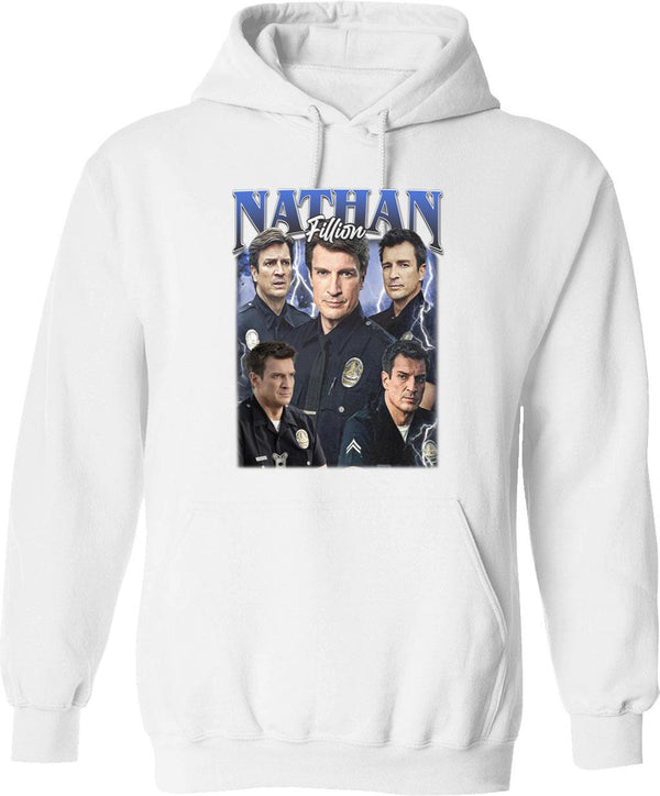 Limitiertes Nathan Fillion Vintage Hoodie Geschenk für Frau und Mann Graphic Pullover Hoodie - White