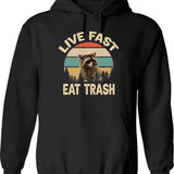 Live Fast Eat Trash Hoodie - Retro Graphic Pullover Hoodie for Men & Women - Black