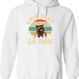 Live Fast Eat Trash Hoodie - Retro Graphic Pullover Hoodie for Men & Women - White