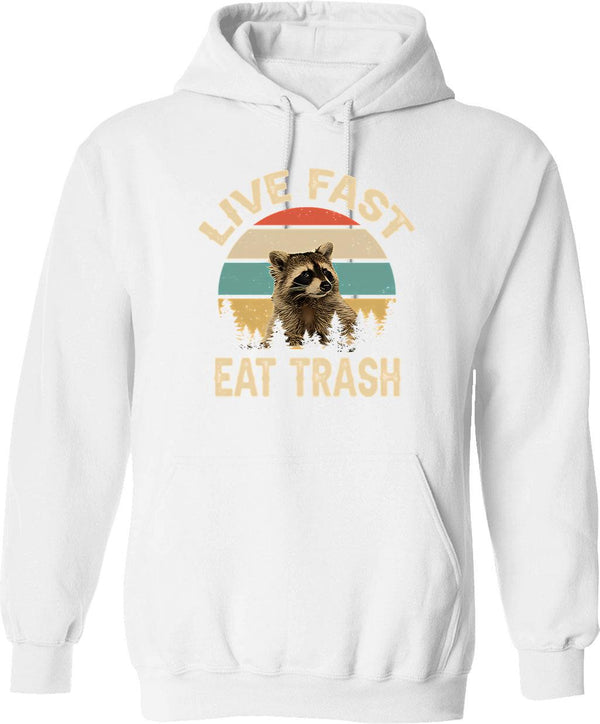 Live Fast Eat Trash Hoodie - Retro Graphic Pullover Hoodie for Men & Women - White