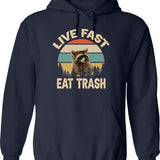Live Fast Eat Trash Hoodie - Retro Graphic Pullover Hoodie for Men & Women - Navy