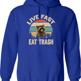 Live Fast Eat Trash Hoodie - Retro Graphic Pullover Hoodie for Men & Women - Blue
