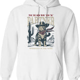 Meowdy Cowboy Hoodie - Retro Graphic Pullover Hoodie for Men & Women - White