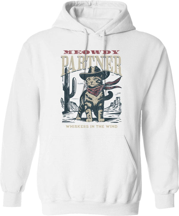 Meowdy Cowboy Hoodie - Retro Graphic Pullover Hoodie for Men & Women - White
