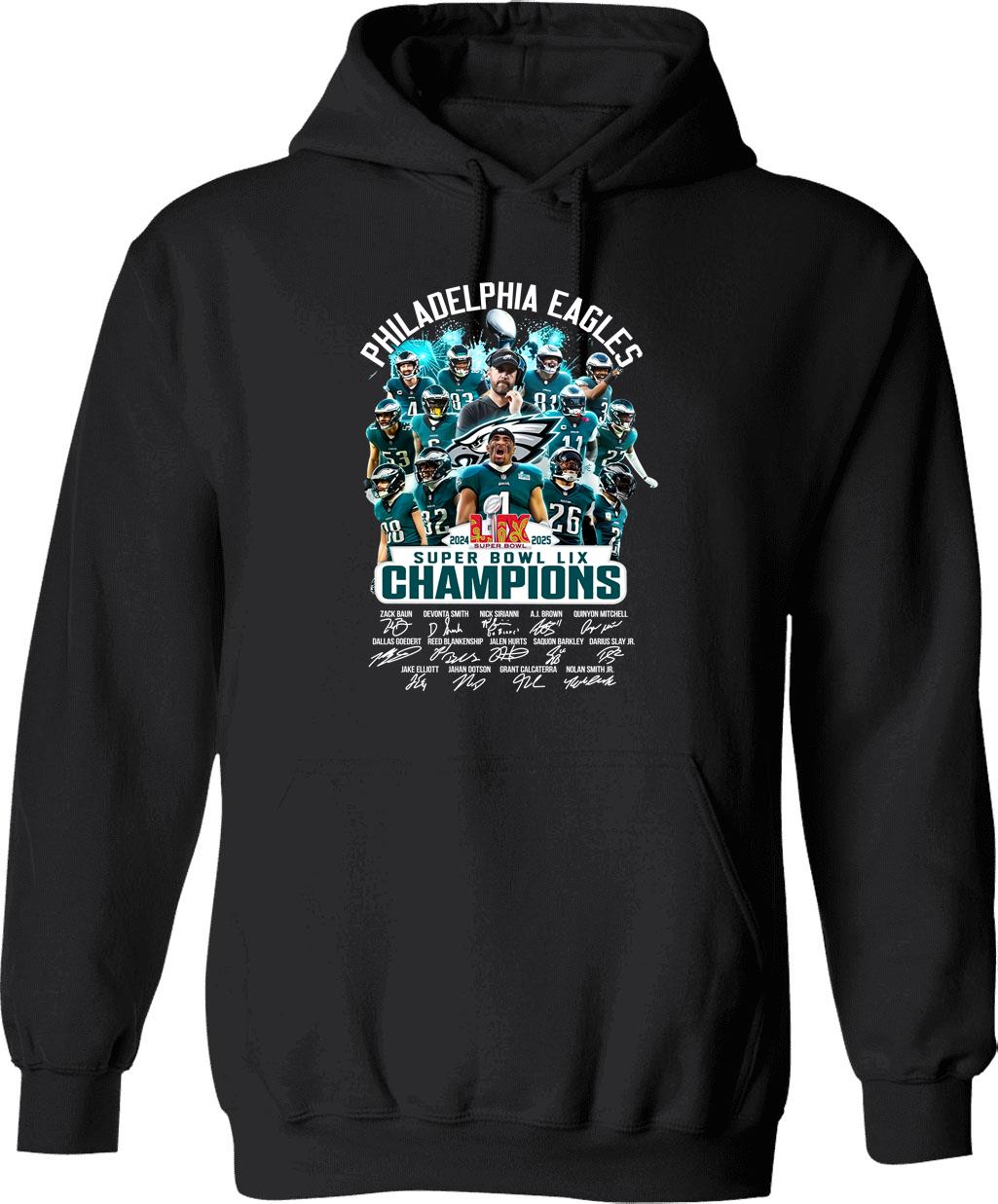 Philadelphia Eagles Super Bowl LIX 2025 Champions T-Hoodie Graphic Pullover Hoodie - Black