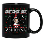 Snitches Get Stitches Ugly Christmas Sweater Black Coffee Mug, Gift Coffee Mug - Black