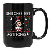 Snitches Get Stitches Ugly Christmas Sweater Black Coffee Mug, Gift Coffee Mug