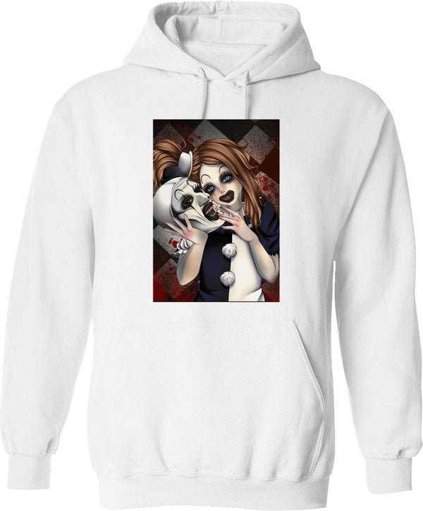 Terrifier 2- The Little Pale Girl and Art The Clown Graphic Pullover Hoodie - White