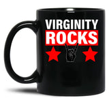 Virginity Rocks Hand Sign Black Coffee Mug, Gift Coffee Mug